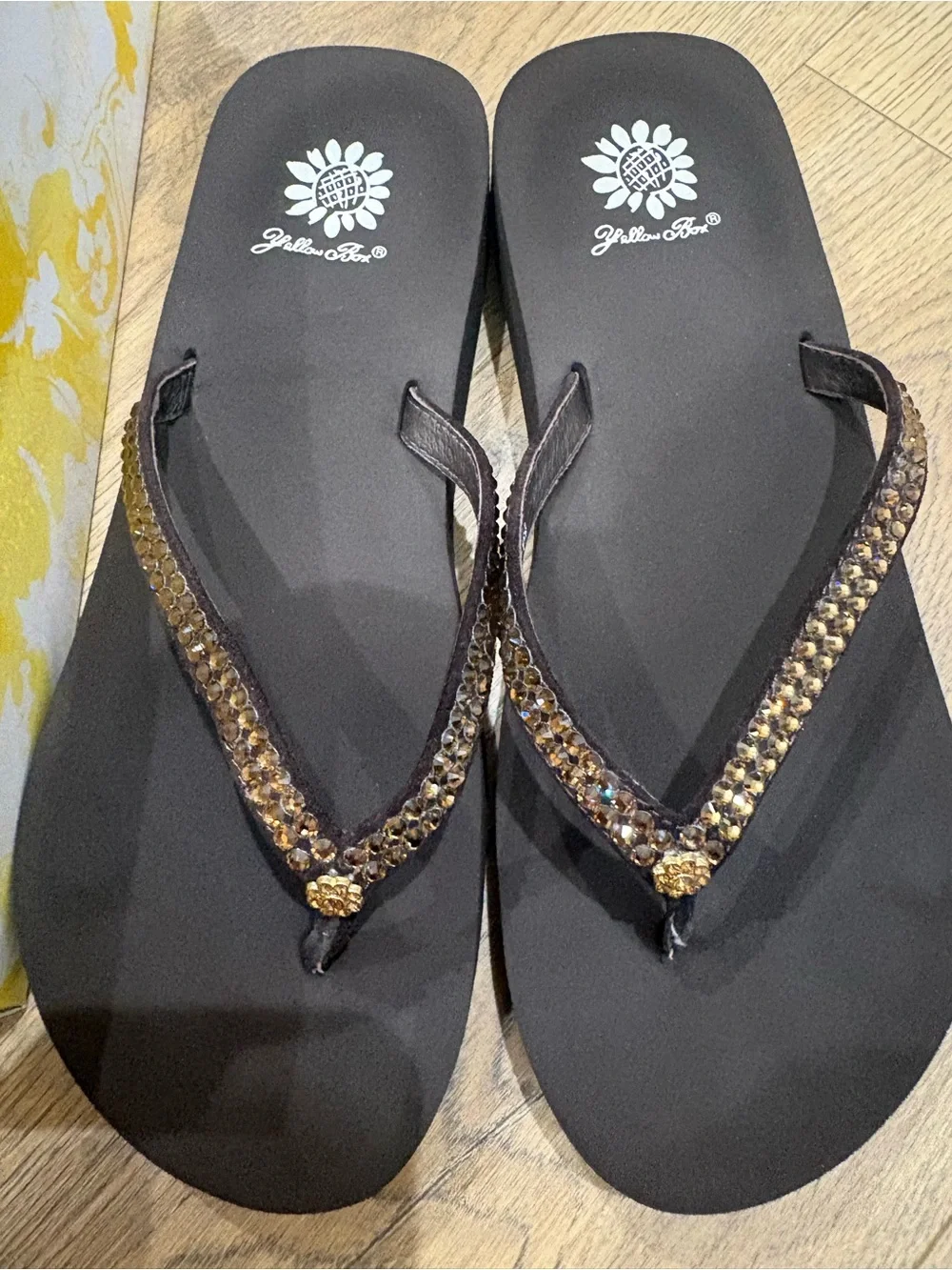 Yellow Box Brown Flip Flop Sandals with Brown Gem Straps - Picture 5 of 6